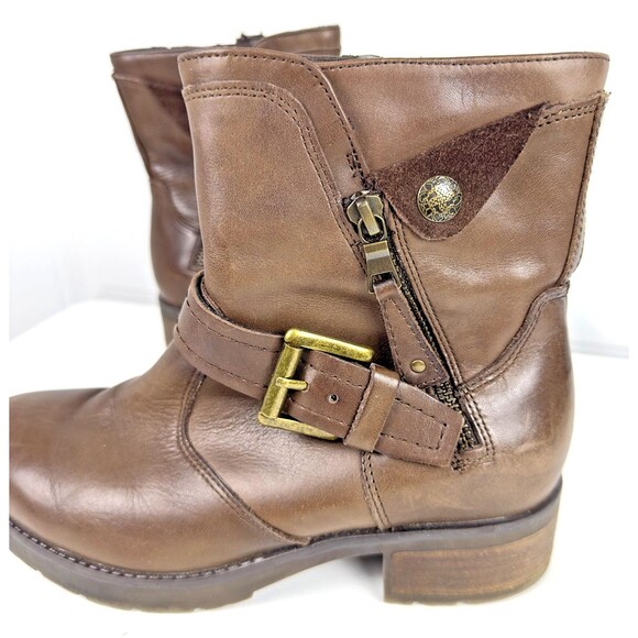 Earth Drumlin Boots Women's Size 7.5D Leather Moto Block Heel Buckle Side Zip - Picture 2 of 11